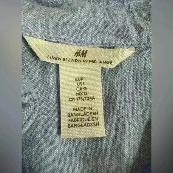 H&M Men’s Linen Blend Blue Button up Long sleeve Size Large - Picture 5 of 11